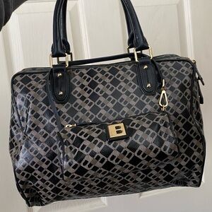 Bally Navy Monogram Leather & Canvas Boston Bag with pouch